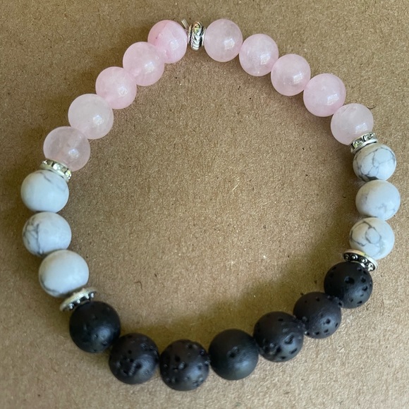 Handmade Natural Stone Bracelet- Lava Stone, Howlite, and Rose Quartz Bracelet - Picture 1 of 6